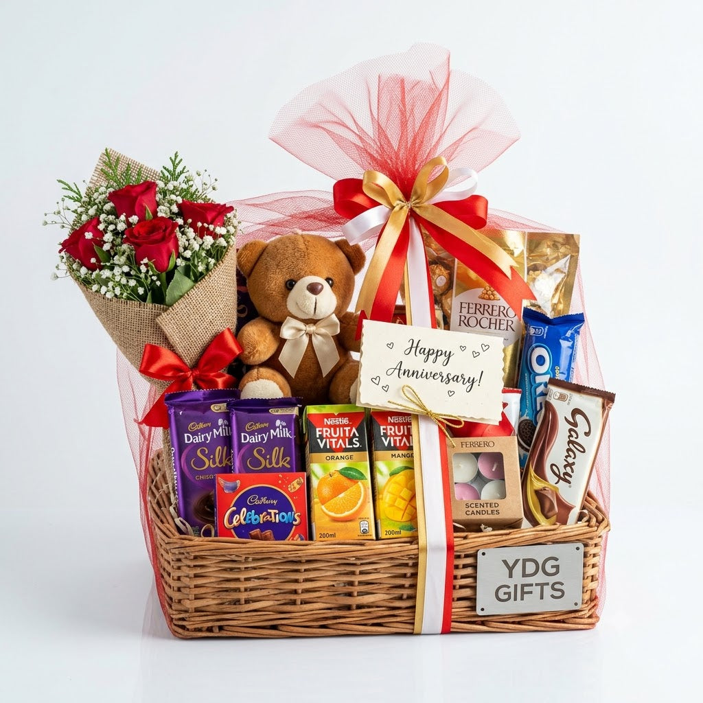 Red Roses Bouquet, Teddy Bear, Cadbury & Ferrero Rocher Chocolates, Nestle Fruita Vitals, Scented Candles Gift Basket Bundle — Fully Customizable