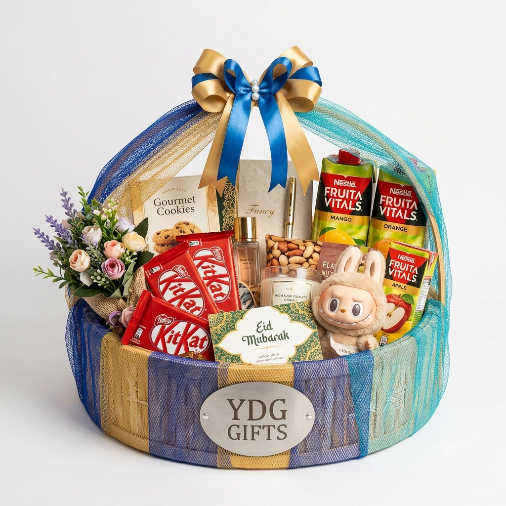 Eid Mubarak Gift Basket with Labubu, KitKat, Fruita Vitals, Mini Bouquet – Fully Customizable