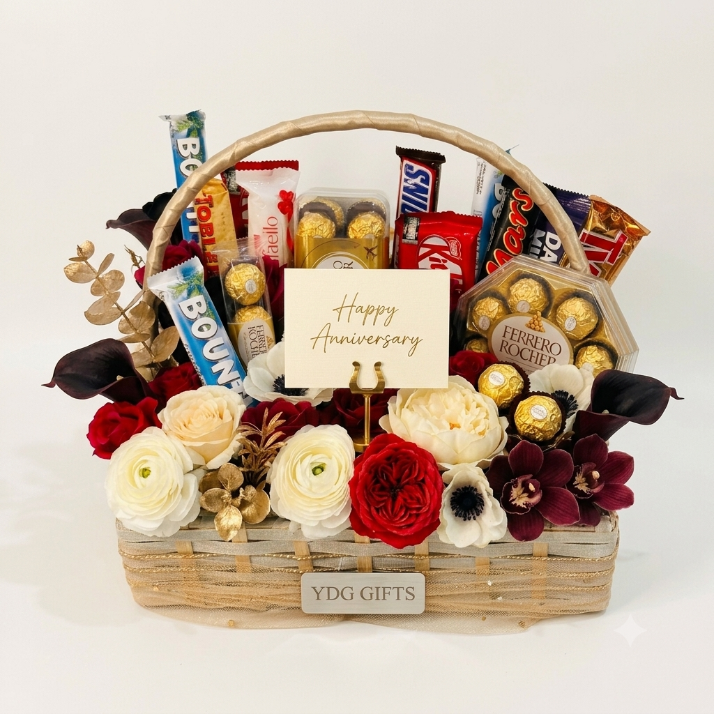 Luxury Anniversary Gift Basket - Ferrero Rocher, KitKat, Snickers, Twix, Bounty, Toblerone, Custom Flowers - Fully Customizable